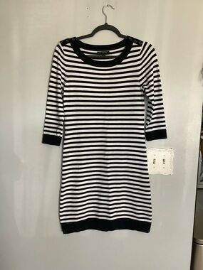 Banana Republic Black and White Striped 3/4 Sleeve Knit Dress